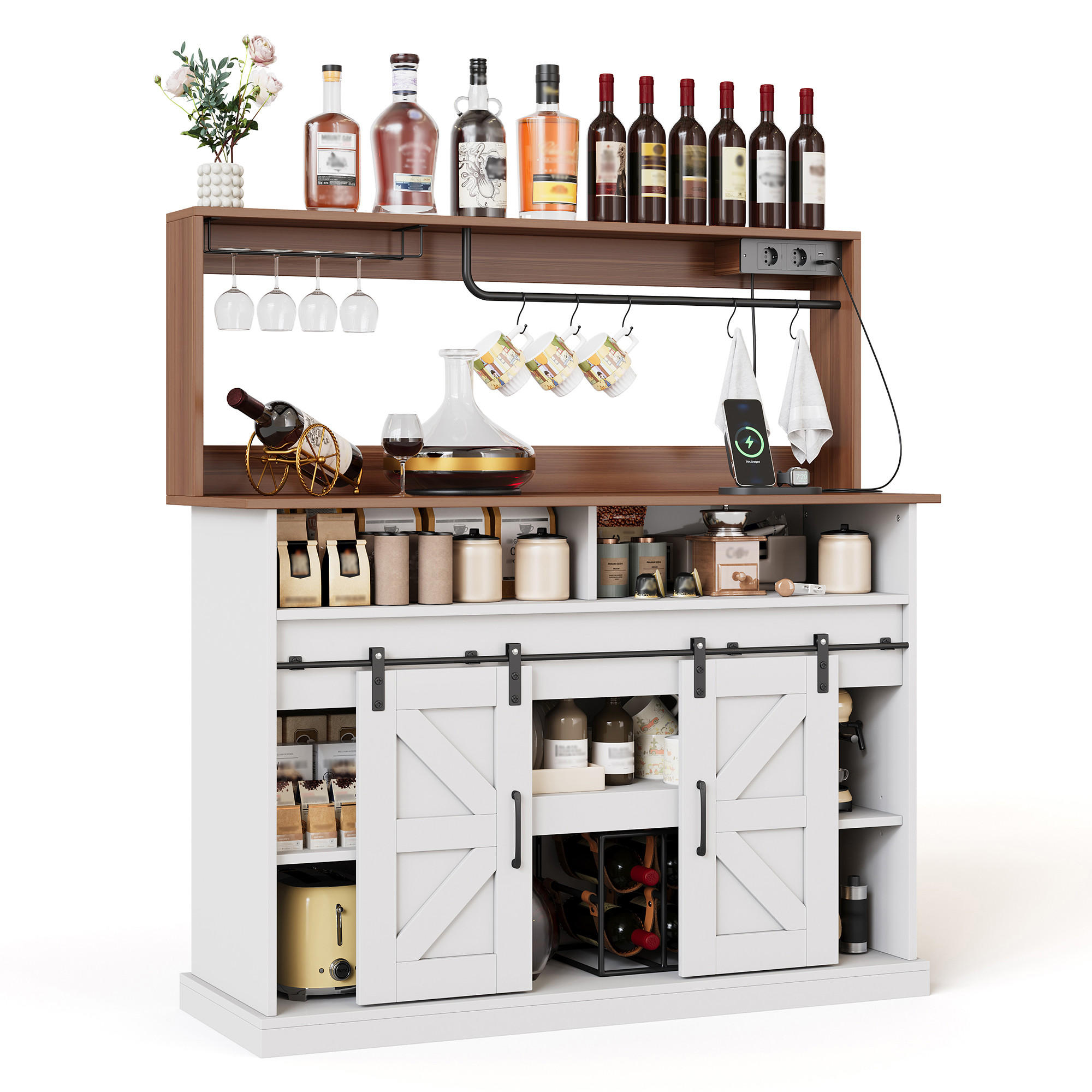 SIDEBOARD 120/40/130 cm mit 2 Schiebetüren & Steckdosen im Landhausstil - Weiß, Holzwerkstoff (120/130/40cm) - BEAOK
