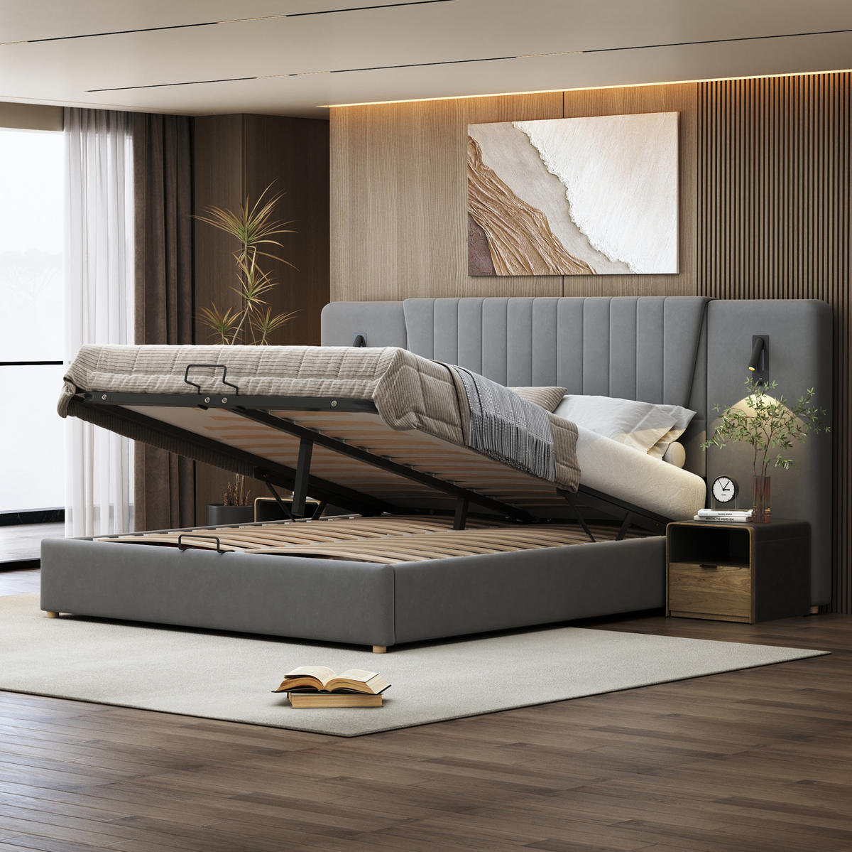 POLSTERBETT 180/200 cm aus Samt mit Leselampe und Stauraum, Grau - Grau, Textil (180/200cm) - OKMYHOME