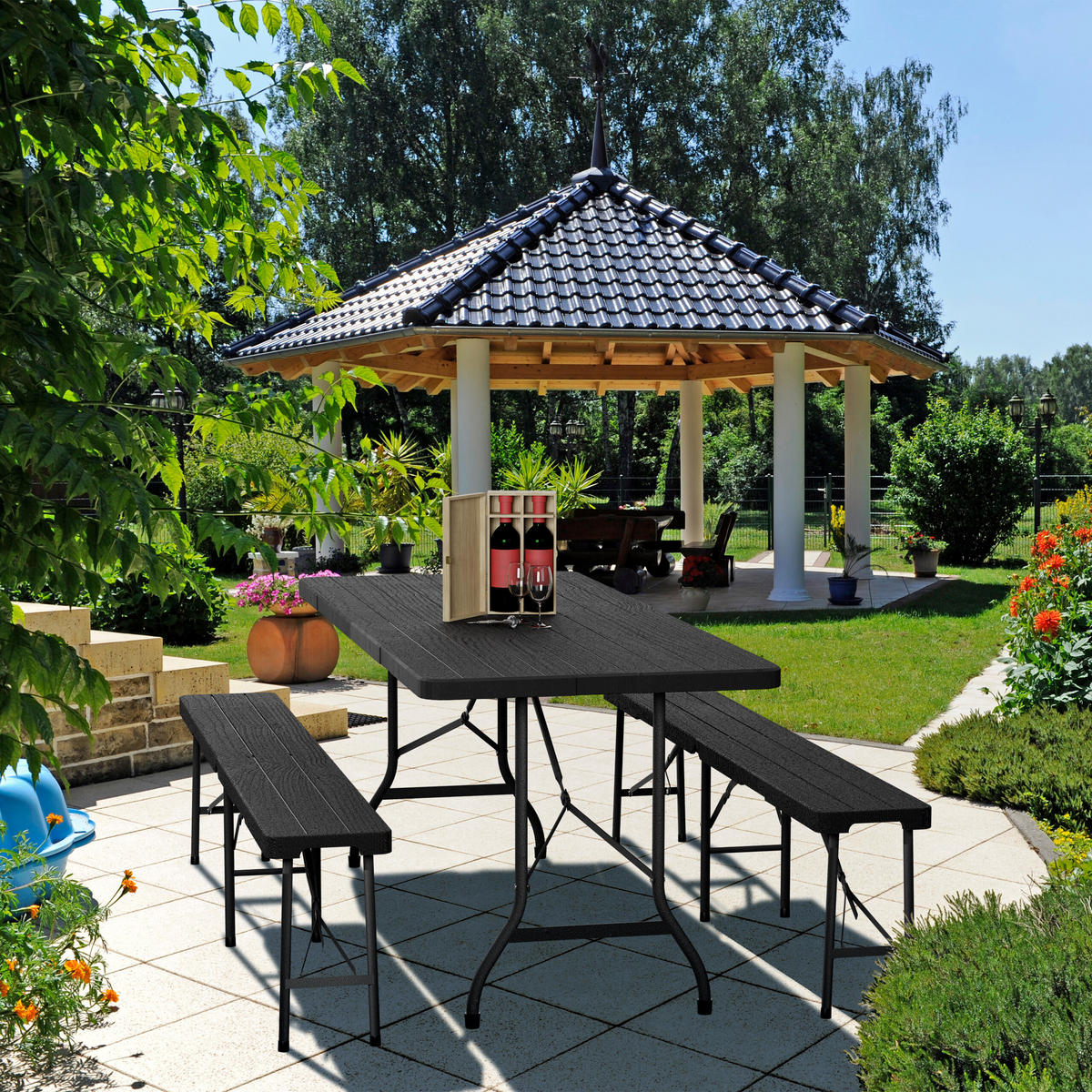 GARTENTISCH - Schwarz, Kunststoff/Metall (74/180/73cm) - Relaxdays
