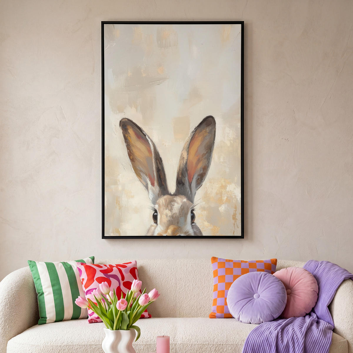 LEINWAND Bilder mit Rahmen - Hase - Ohren - Braun - 80x120 - Beige, Textil (80/120cm) - MuchoWow