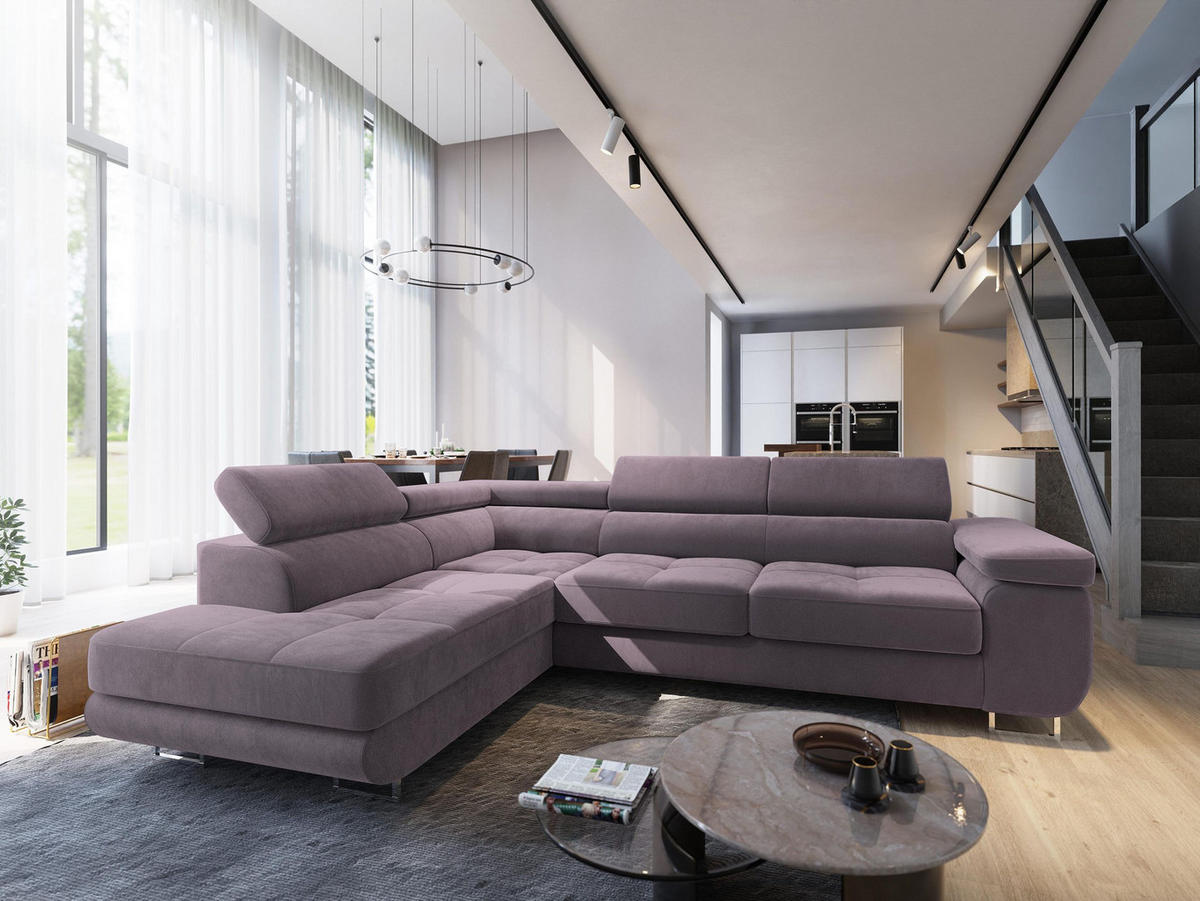 ECKSOFA SELVA L-S Lila Velours-Stoff mit Schlaffunktion - Lila, Holz (275/202cm) - MASSENO