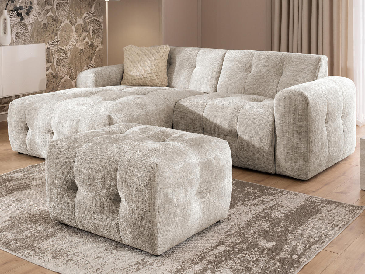 ECKSOFA inkl. Hocker Kozy im Bumpy-Design mit Schlaffunktion und fester Rückenlehne aus weichem Dunkelbeige Chenille-Stoff - Ottomane links - Beige/Schwarz, Holz/Kunststoff (161/234cm) - S-Style Möbel