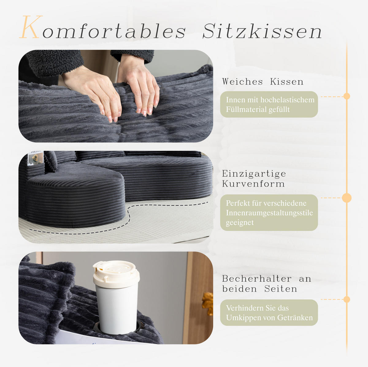 ECKSOFA aus Cord 250x152x82 cm Dunkelgrau mit Getränkehaltern, Seitentaschen und Kissen im Bogendesign - Dunkelgrau, Textil (250/152cm) - Modfu