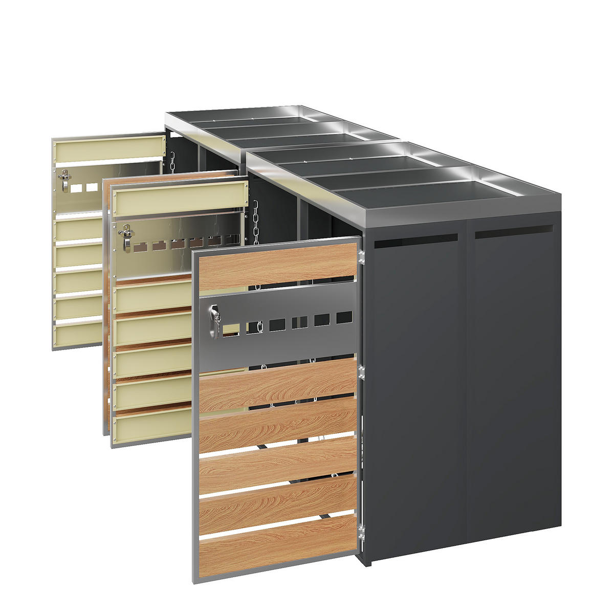 MÜLLTONNENBOX Vier Türen Holzmaserung/Grau - Braun, Metall (132/108/80cm) - ComfortXL