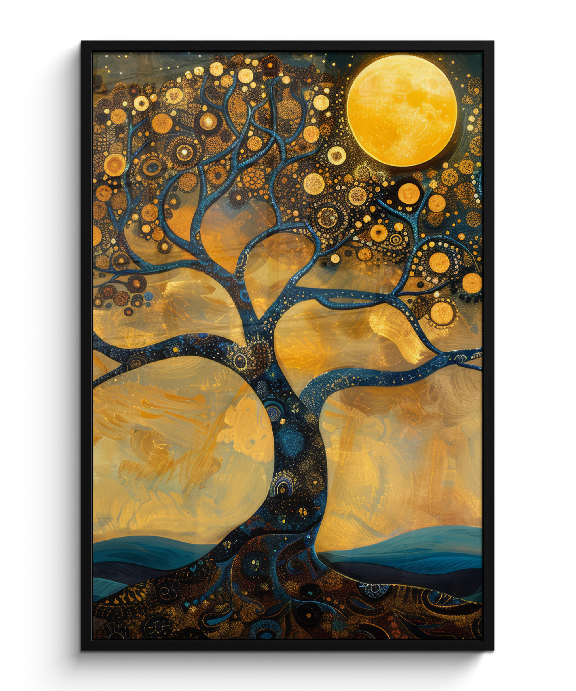 GERAHMTES BILD Baum - Mond - Blumen - Gold - Kunst 80x120 cm - Orange, Papier (80/120cm) - MuchoWow