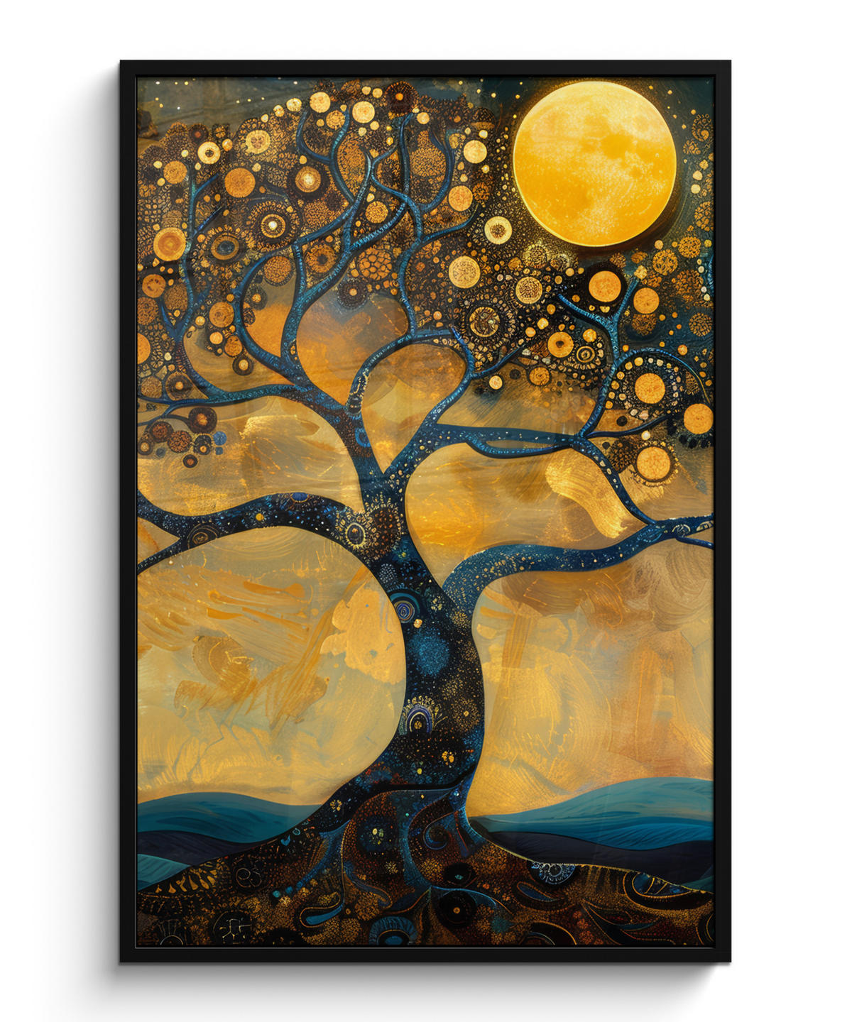 GERAHMTES BILD Baum - Mond - Blumen - Gold - Kunst 80x120 cm - Orange, Papier (80/120cm) - MuchoWow