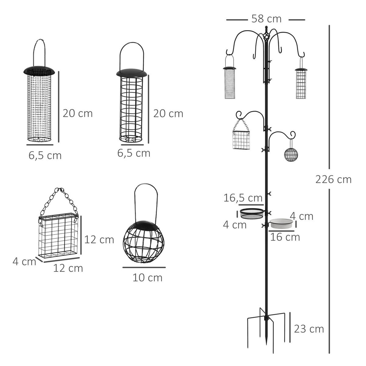 VOGELFUTTERSTATION DE-17808 mit 4 Hänge-Futterhäuschen & 6 Haken Schwarz - Schwarz, Metall (58/226/58cm) - ComfortXL