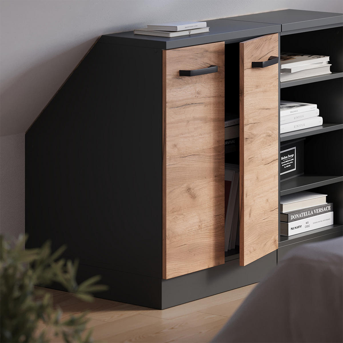 ORMARIĆ ZA KOSI KROV S VRATA Rion Hrast zlatnog tona 60 x 81.6 cm s 2 vrata, korpus ormara dubine 60 cm - hrast medunac/antracit, drvni materijal (60/83.8/60cm) - Vicco
