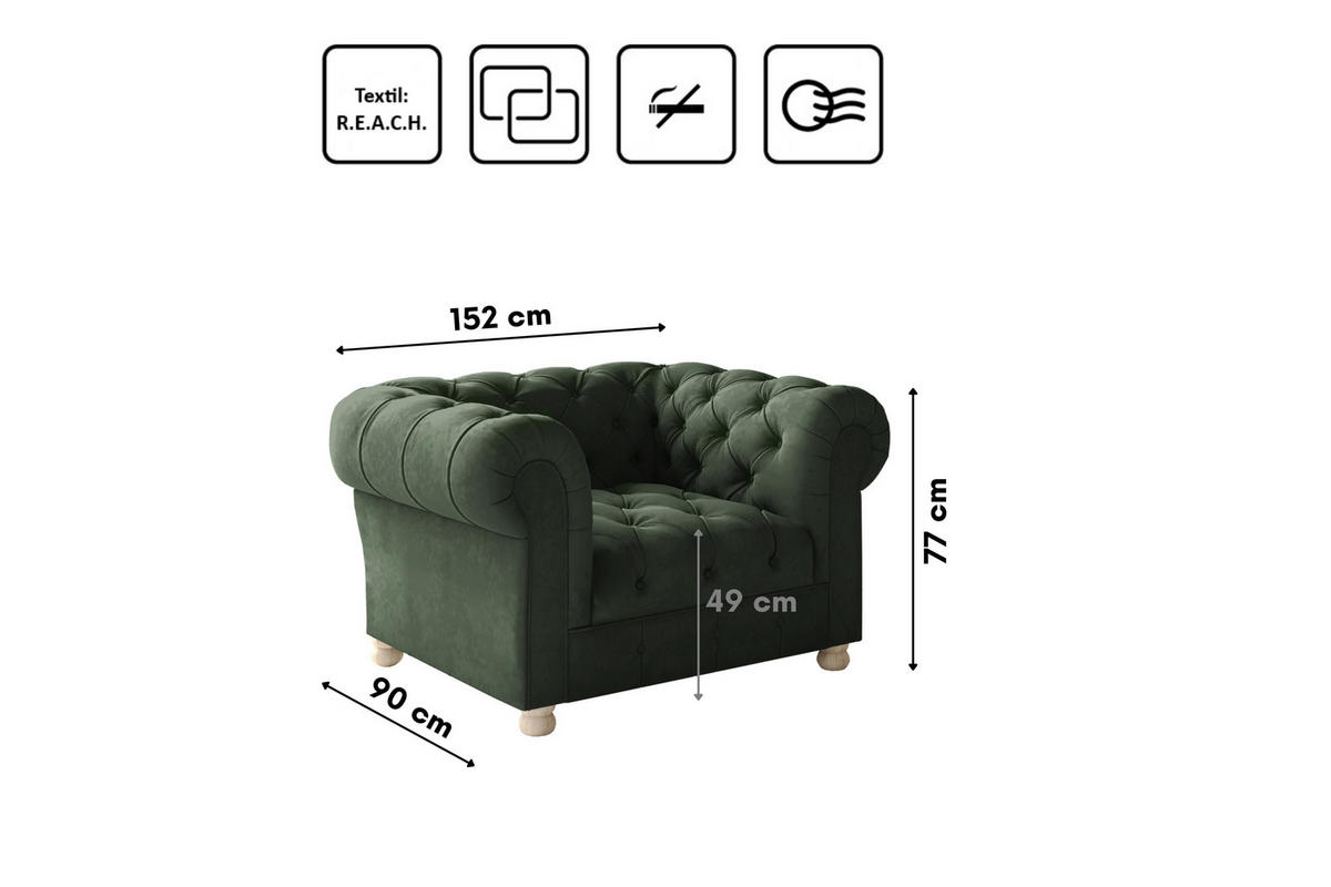 SITZGARNITUR CHESTERFIELD 2+1+1 Elegant Klassisch Schick Stoff Whisper Grün - Grün, Holz (152/77/90cm) - Kaiser Möbel