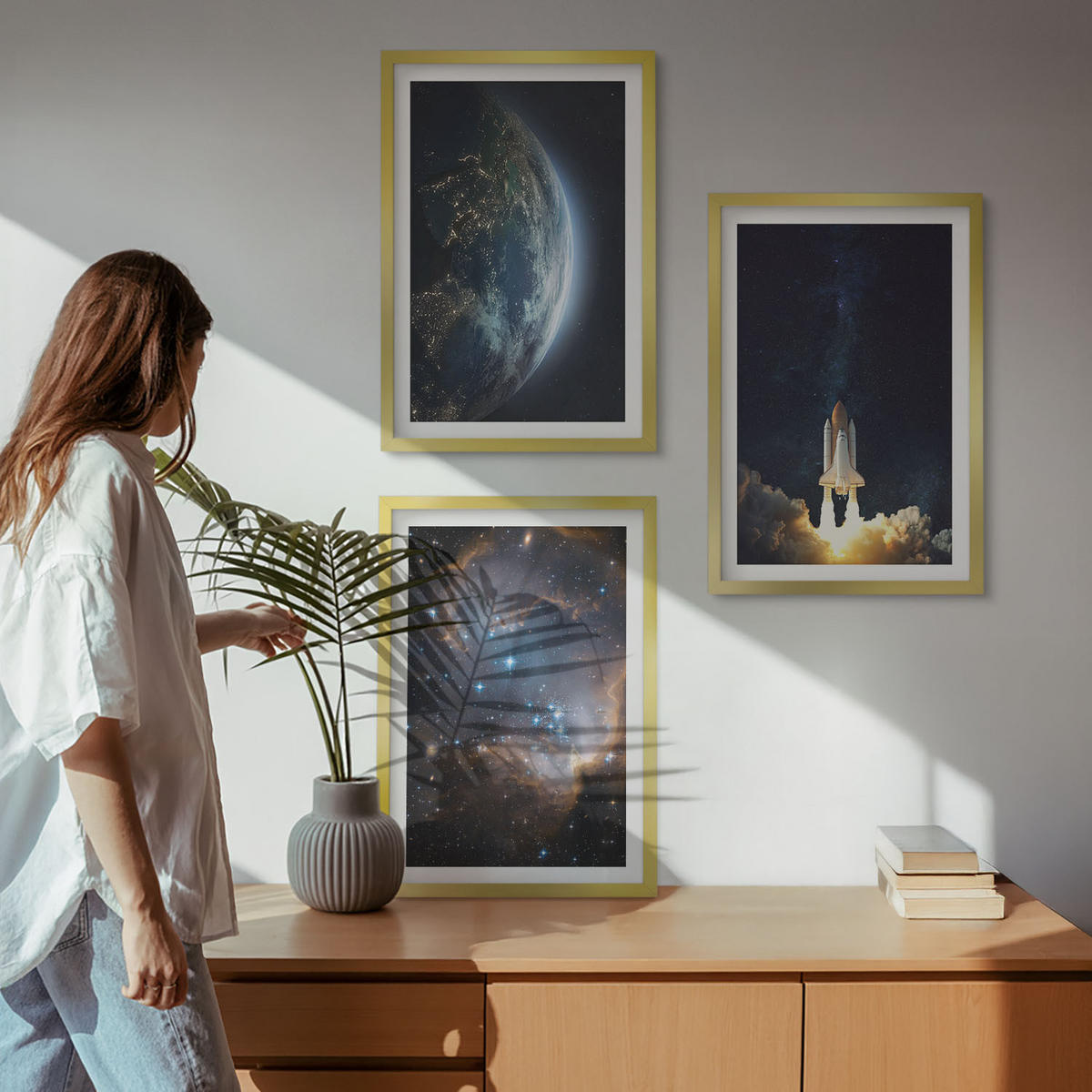 BILDER SET 3er Set - 40x60 cm Goldrahmen - Weltraum Erde Rakete Galaxie - Goldfarben, Kunststoff (40/60cm) - TULUP