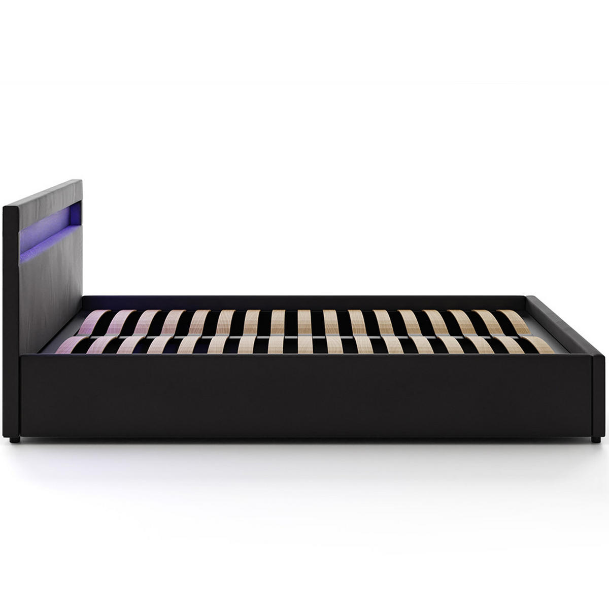 POLSTERBETT 140×200 mit Bettkasten und Lattenrost Nira Öko-Leder schwarz LED - Schwarz, Holz (140/200cm) - Jana