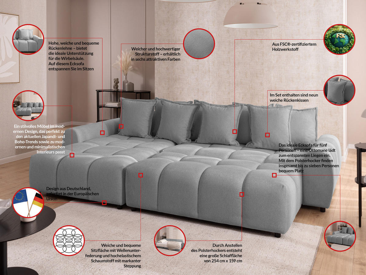 ECKSOFA inkl. Hocker Bubble mit Schlaffunktion und losen Rückenkissen, Sitzfläche in Bubble-Optik aus weichem Grau Strukturstoff - Ottomane Links - Schwarz/Grau, Holz/Kunststoff (180/306cm) - S-Style Möbel