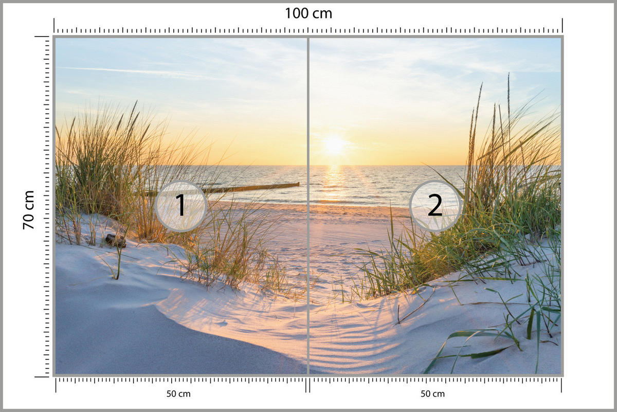FOTOTAPETE Strand Meer Sonnenuntergang Dünen Landschaft Orange Himmel 100x70 - Gelb/Beige, Papier (100/70cm) - Muralo