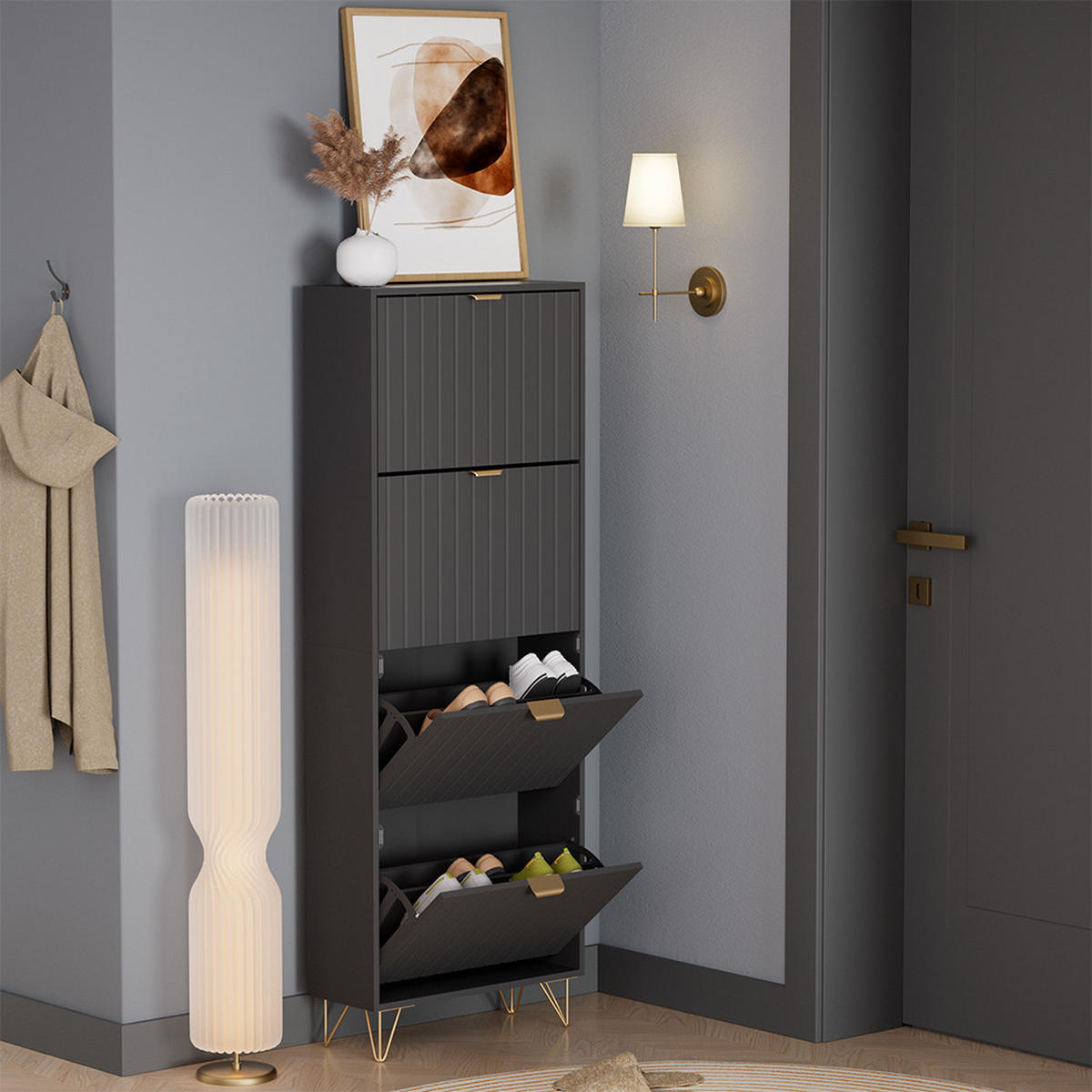 SCHUHSCHRANK Helge Schwarz 60 x 166.7 cm 4 Fächer - Schwarz, Holzwerkstoff (60/166.7/23.5cm) - Vicco