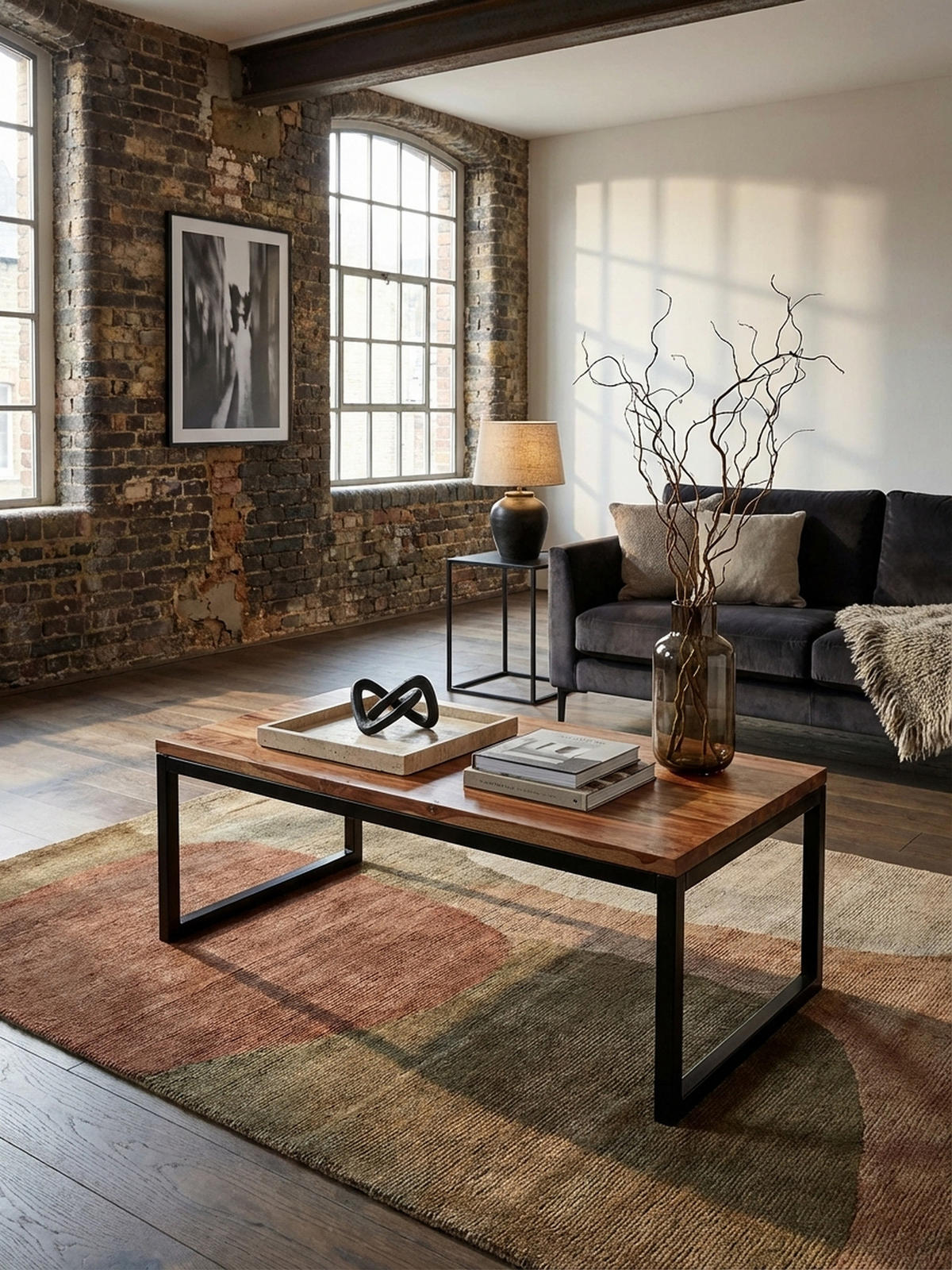 COUCHTISCH Industrie-Stil in Sheesham-Holz massiv, Unikat mit einzigartiger Maserung - Schwarz/Braun, Holz/Metall (60/110/40cm) - KADIMA DESIGN