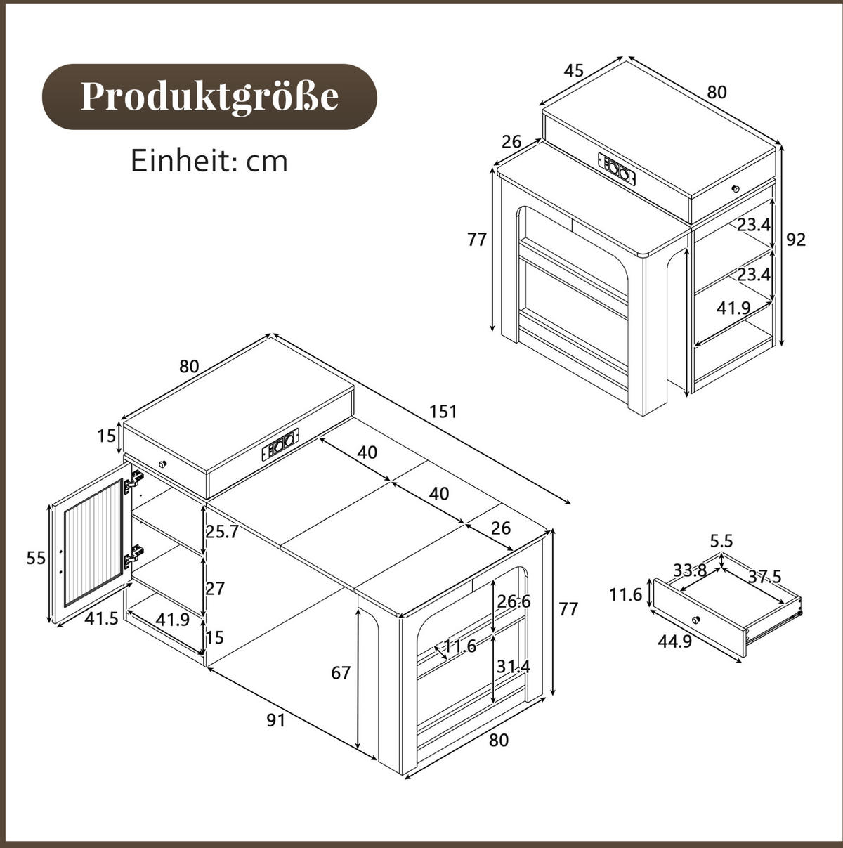 KÜCHENINSEL 80/71-151/92 cm in Weiß/Schwarz, ausziehbar mit Steckdosenleiste - Schwarz, Holzwerkstoff (151/92/80cm) - Flora Grace
