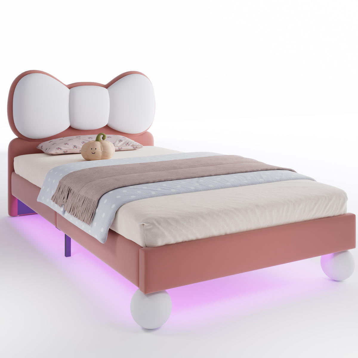 OTROŠKA postelja 90/200 cm bež in roza z LED-osvetlitvijo in metuljastim vzglavjem iz žameta - roza, tekstil (90/200cm) - OKWISH