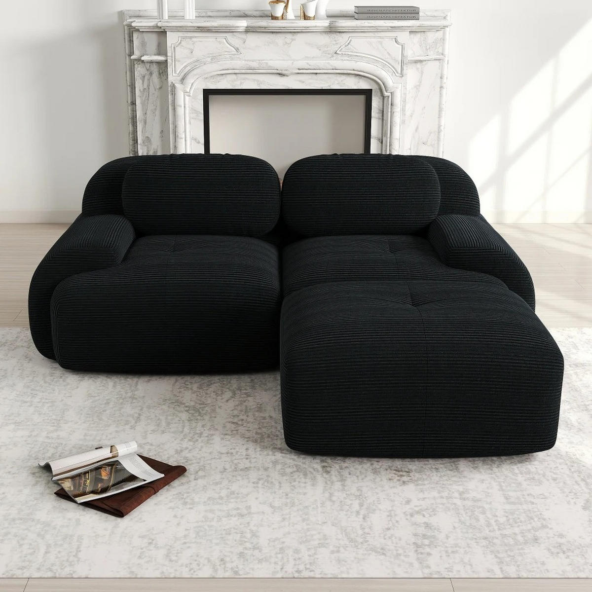 ECKSOFA aus weichem Kordelstoff, modular kombiniert mit gebogenen Armlehnen, Schwarz - Schwarz, Textil (208/70/178cm) - Kaket
