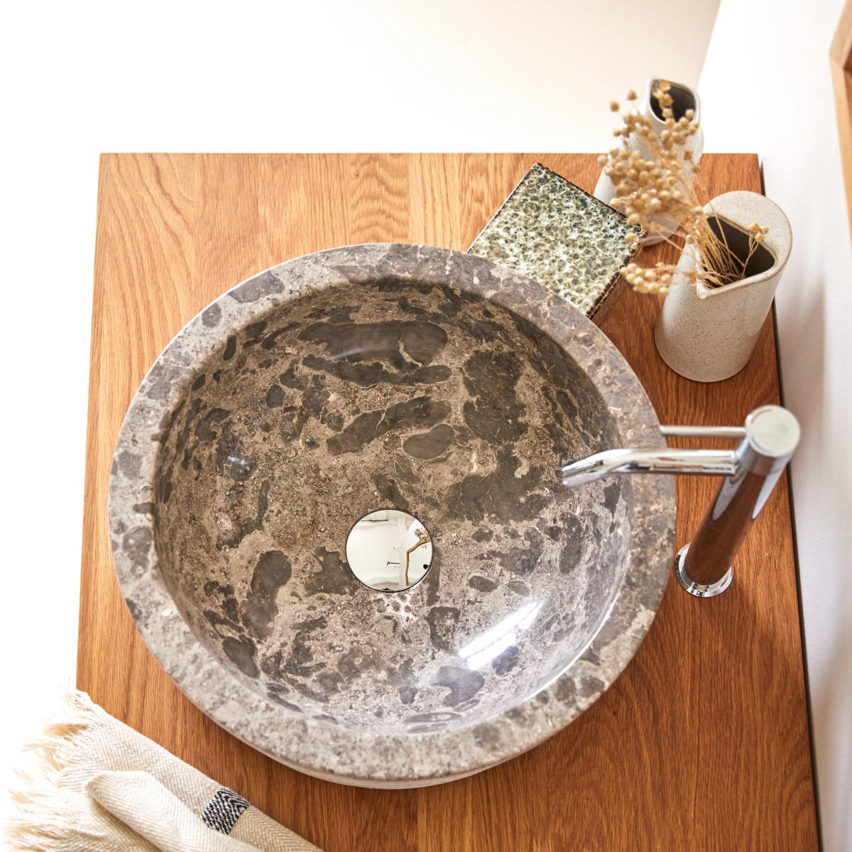 WASCHBECKEN Exo Stri Grau aus Marmor - Grau, Stein (40/15/40cm) - Tikamoon