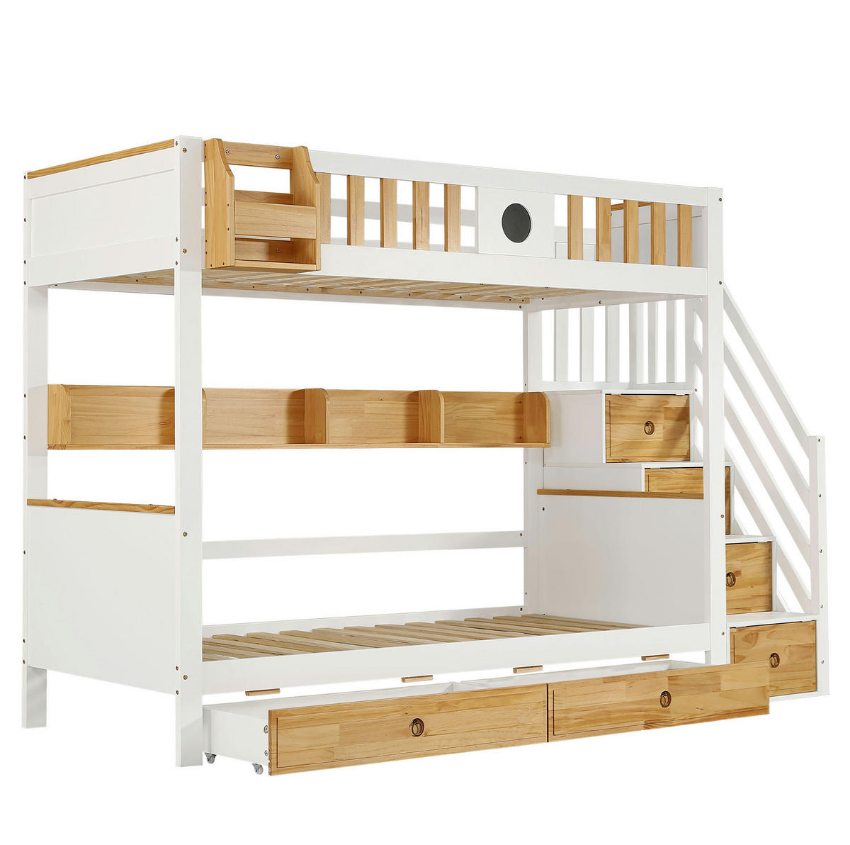ETAGENBETT 90/200 cm aus Kiefer und MDF mit Stauraumtreppe Weiß/Natur - Weiß, Holzwerkstoff (90/200cm) - Modenvie