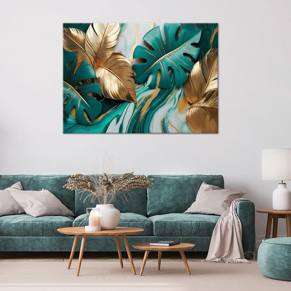 LEINWANDBILD Monstera Leaves Gold Türkis Marmor 100x70cm - Grün, Textil (100/70cm) - Feeby
