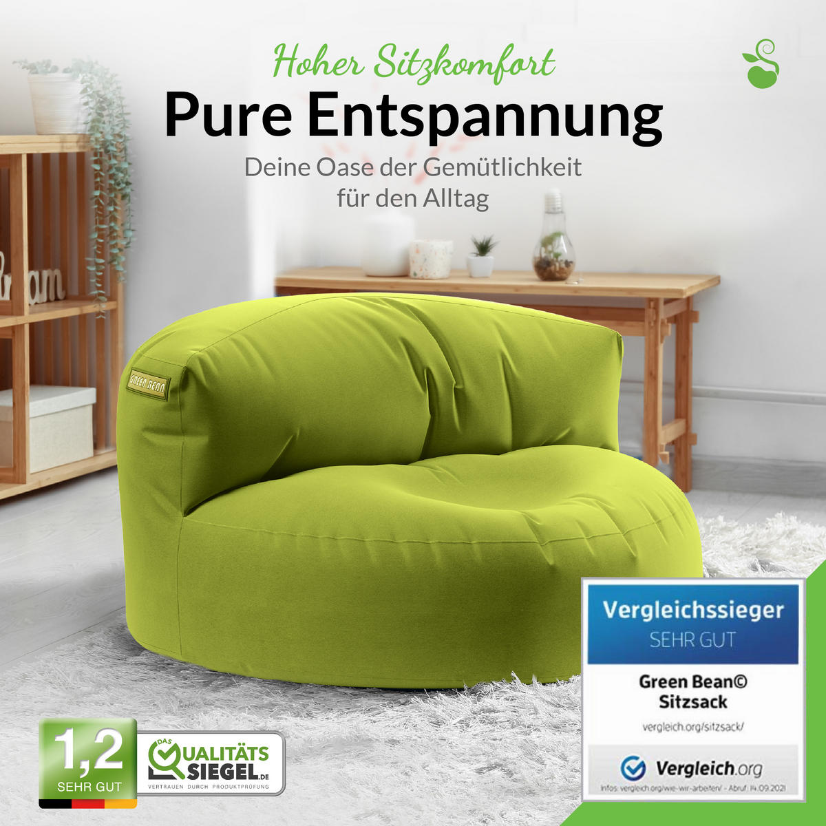 INDOOR OUTDOOR SITZSACK Lounge Sofa - Grün, Textil (90/50/50cm) - Green Bean