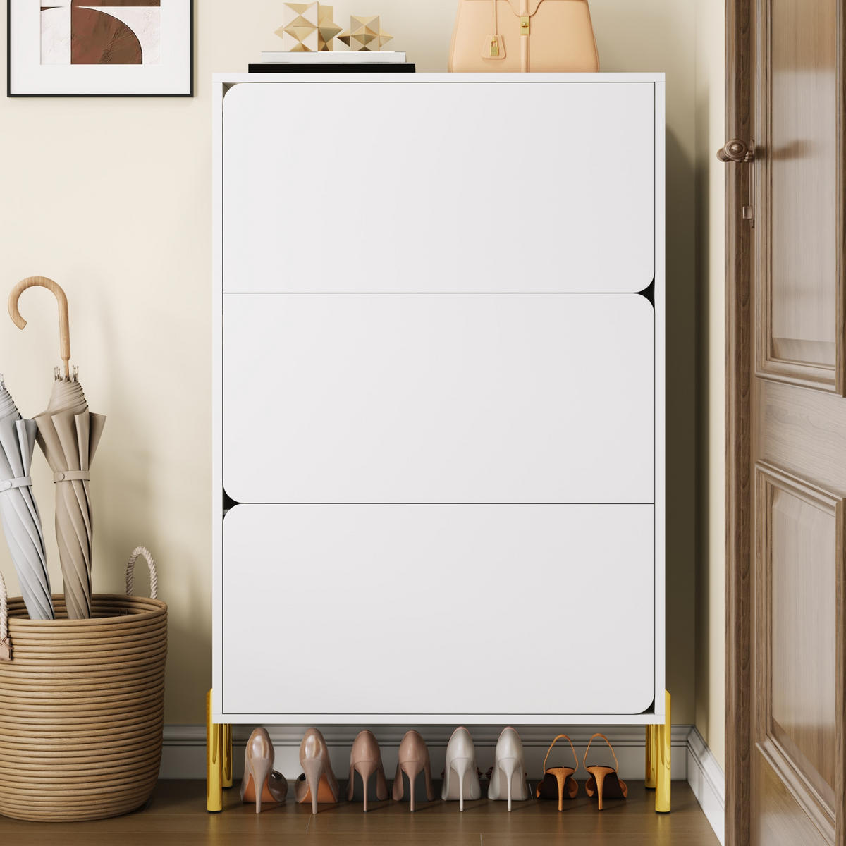 SCHUHSCHRANK 3 Türen groß Stauraum Goldfüße - Weiß, Holz (73/120/24cm) - LEBENLANG