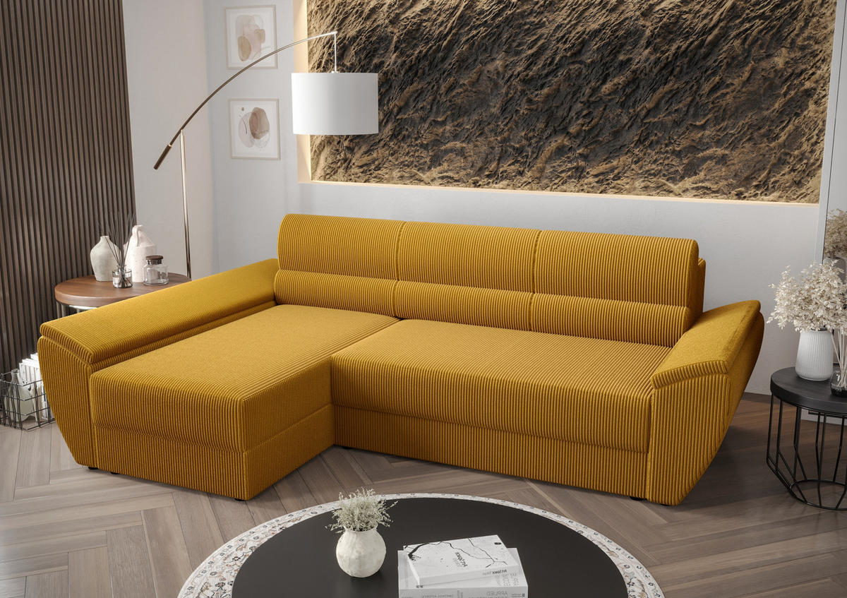 ECKSOFA L REBI L3 Poso 01 Links mit Schlaffunktion, Senfton - Gelb, Textil (251/140cm)