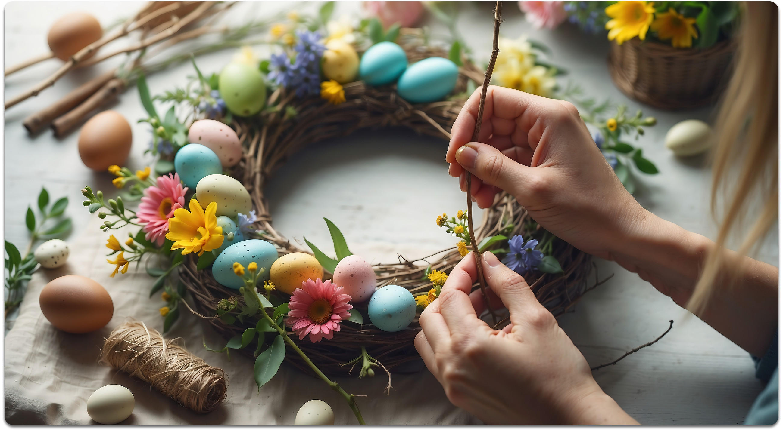 Hände binden einen Osterkranz aus Zweigen, geschmückt mit bunten Eiern und Frühlingsblumen; auf dem Tisch liegen Natur-Eier und Bastelmaterial.