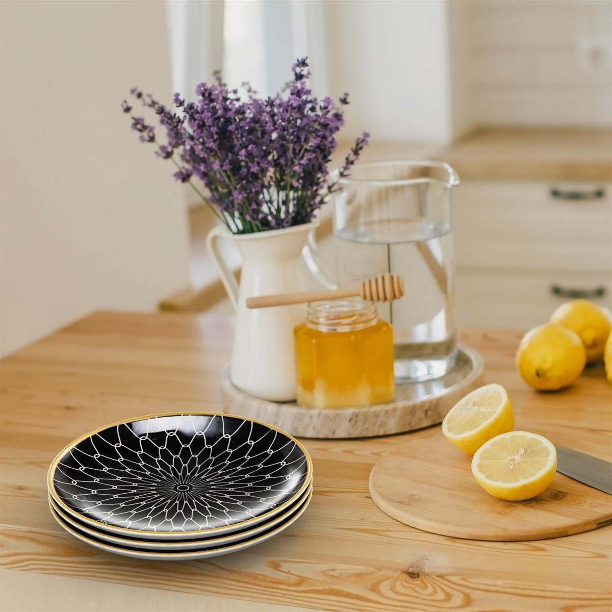 TELLER Porzellan Muster Verbunden (4-tlg.) - Schwarz, Keramik (20.5/2/20.5cm) - Intirilife
