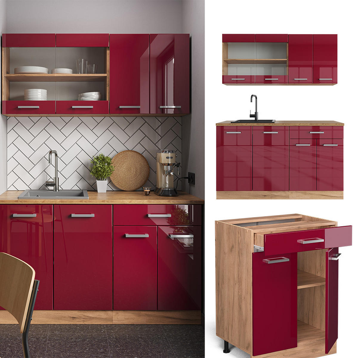 SINGLEKÜCHE R-Line Rot Hochglanz/Goldkraft Eiche 140 cm ohne Arbeitsplatte - Honigeiche/Rot, Holzwerkstoff (140/81.6/46cm) - Vicco