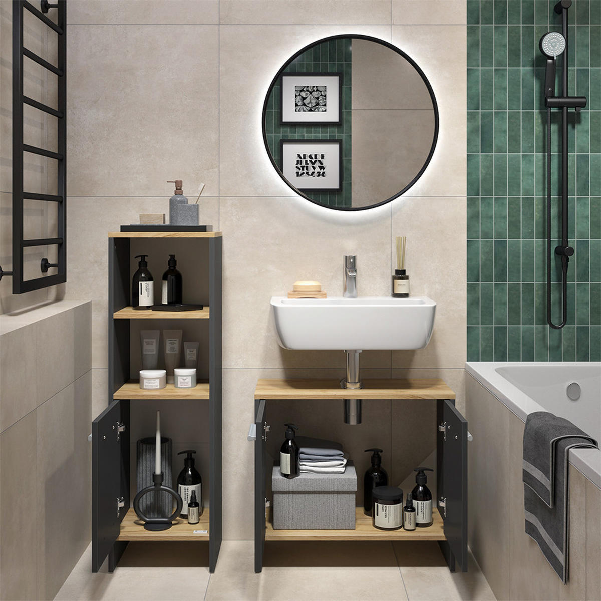 SESTAVA KOUPELNOVÉHO NÁBYTKU Karli Antracit/zlatý dub - antracitová, kompozitní dřevo (63.8/57/26.3cm) - Vicco