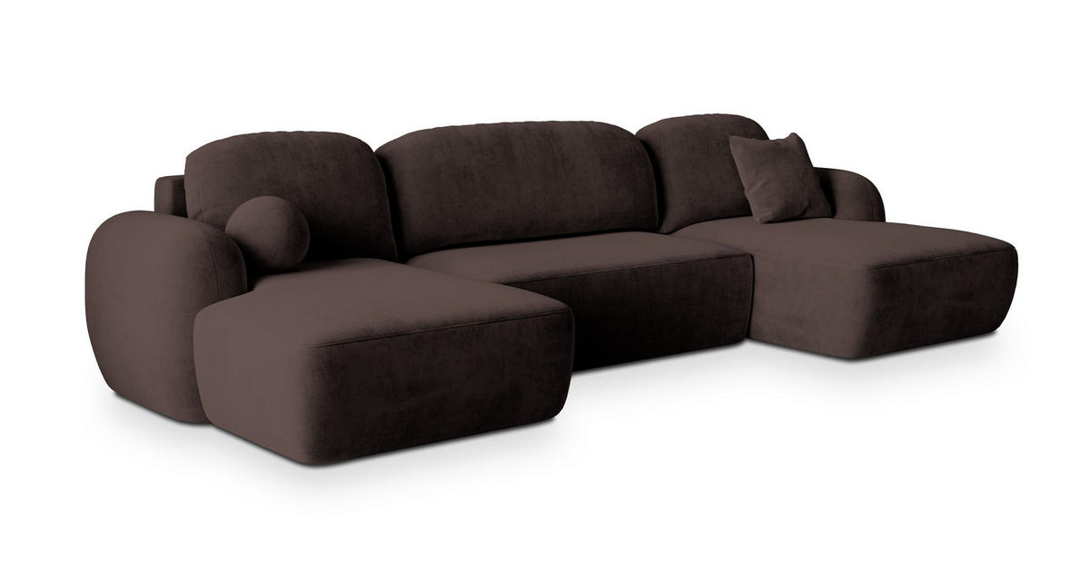 WOHNLANDSCHAFT SAVONA K Braun Plüsch-Stoff mit Schlaffunktion - Braun, Holz (350/90/148cm) - MASSENO