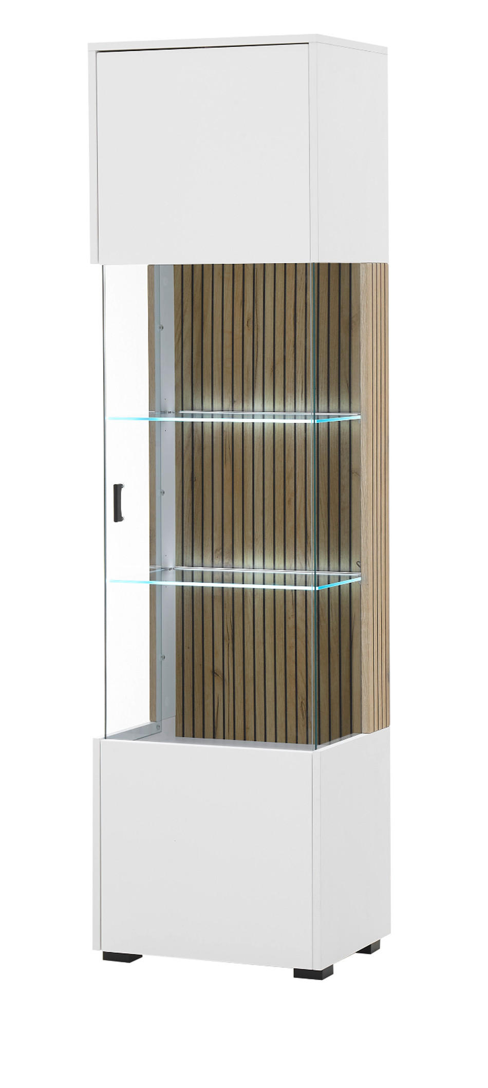 VITRINE weiß matt, Eiche 48 x 180 cm, Glasvitrine mit 5 Fächern und Soft-Close - Schwarz/Weiß, Glas/Holzwerkstoff (48/180/38cm) - Furn.Design