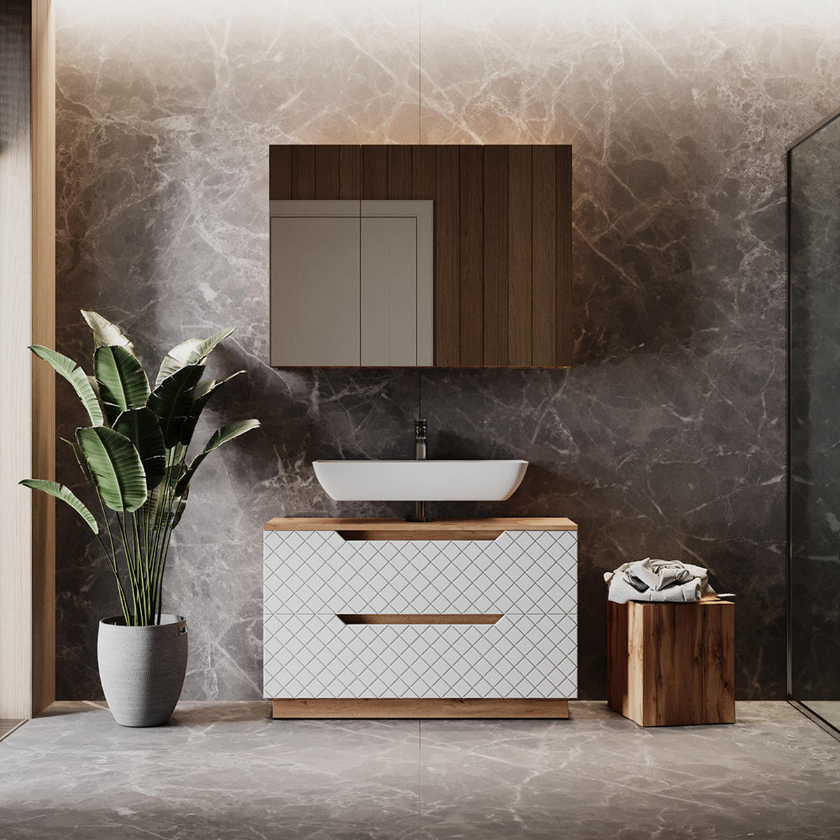 BADMÖBEL-SET Lotta Eiche/Weiß mit Kachelstruktur 2 Teile - Eichefarben/Weiß, Holzwerkstoff (99.4/62.5/32cm) - Vicco