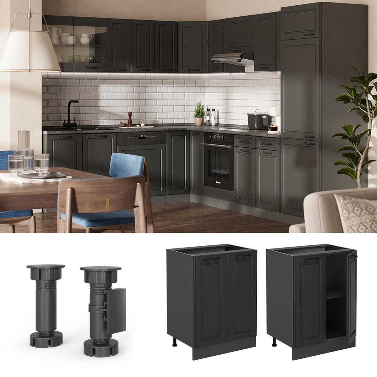 KÜCHENUNTERSCHRANK R-Line Anthrazit Landhaus 60 cm AP Marmor - Anthrazit, Holzwerkstoff (60/81.6/46cm) - Vicco