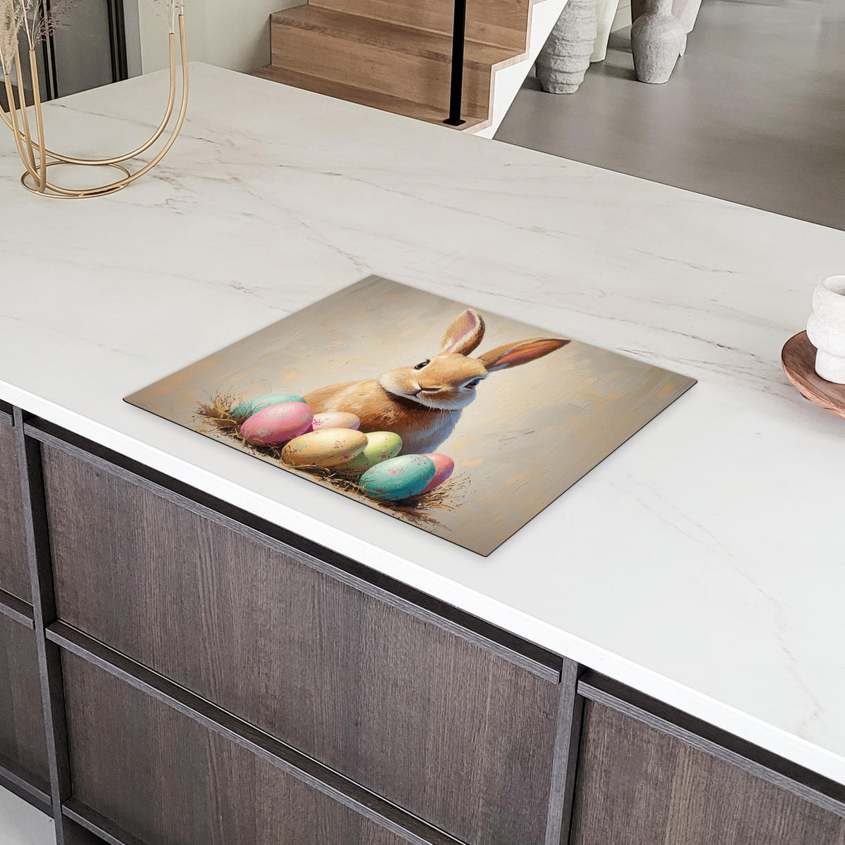 HERDABDECKPLATTE Osterhase - Pastell - Eier Herdabdeckung Induktionsfeld 65x52 cm - Beige, Kunststoff (65/52/0.2cm) - MuchoWow