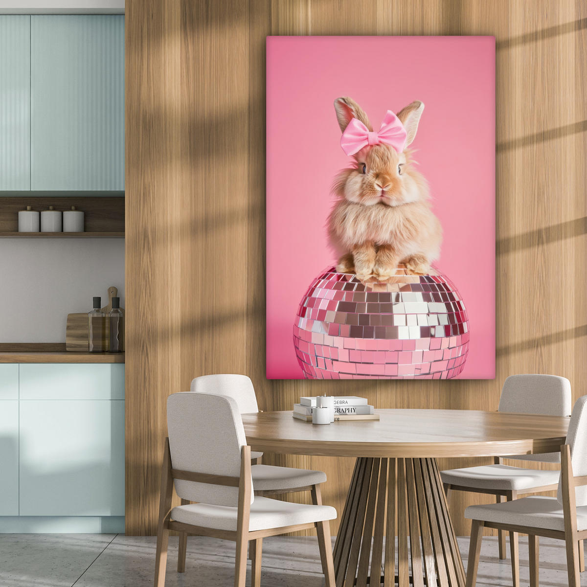 LEINWANDBILD Schleife - Discoball - Kaninchen Deko Groß 90x140 cm - Pink, Textil (90/140cm) - MuchoWow