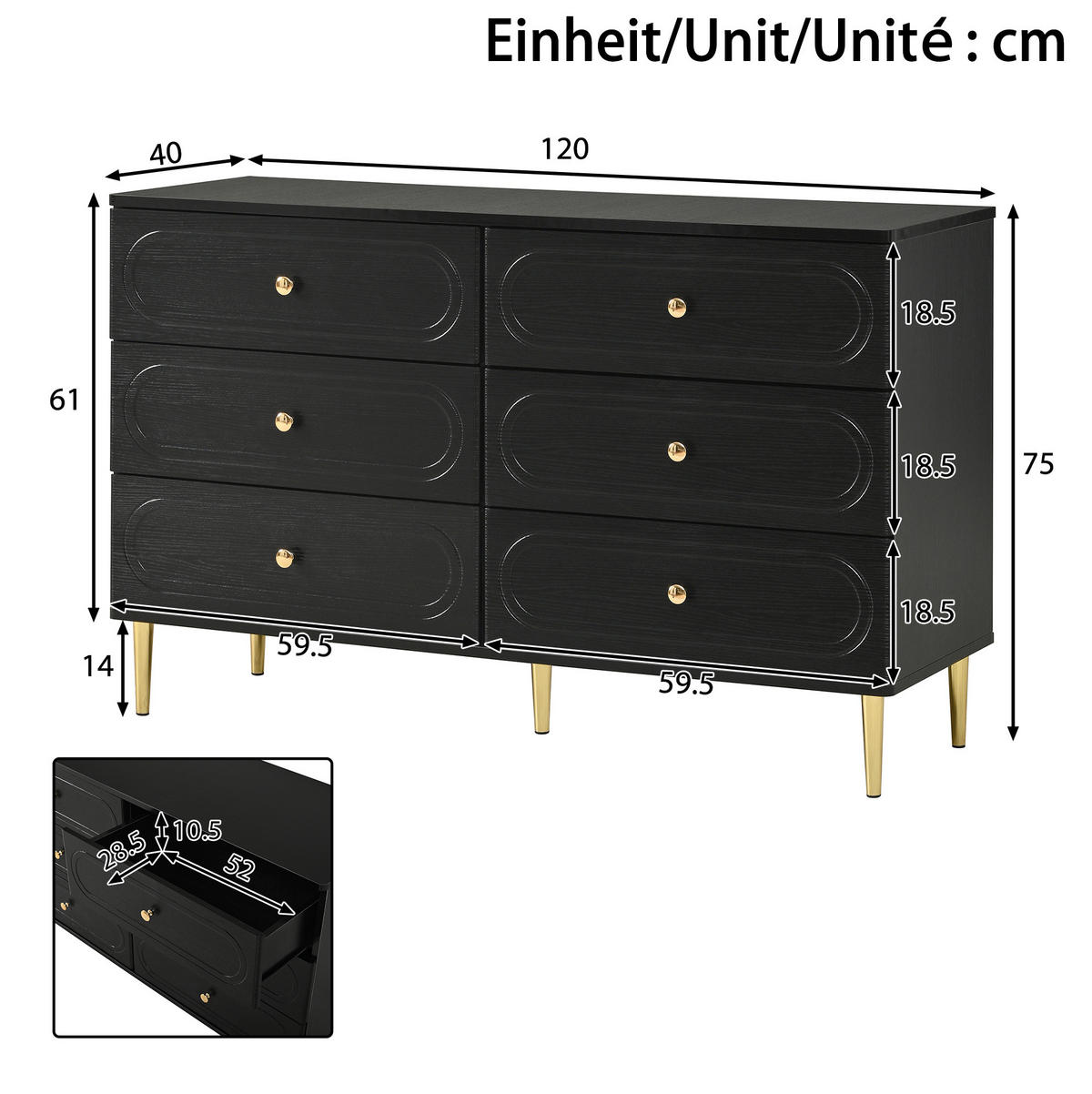SIDEBOARD 120/40/75 cm schwarz aus MDF und Holzwerkstoff mit 6 Schubladen - Schwarz, Holzwerkstoff (120/75/40cm) - OKWISH