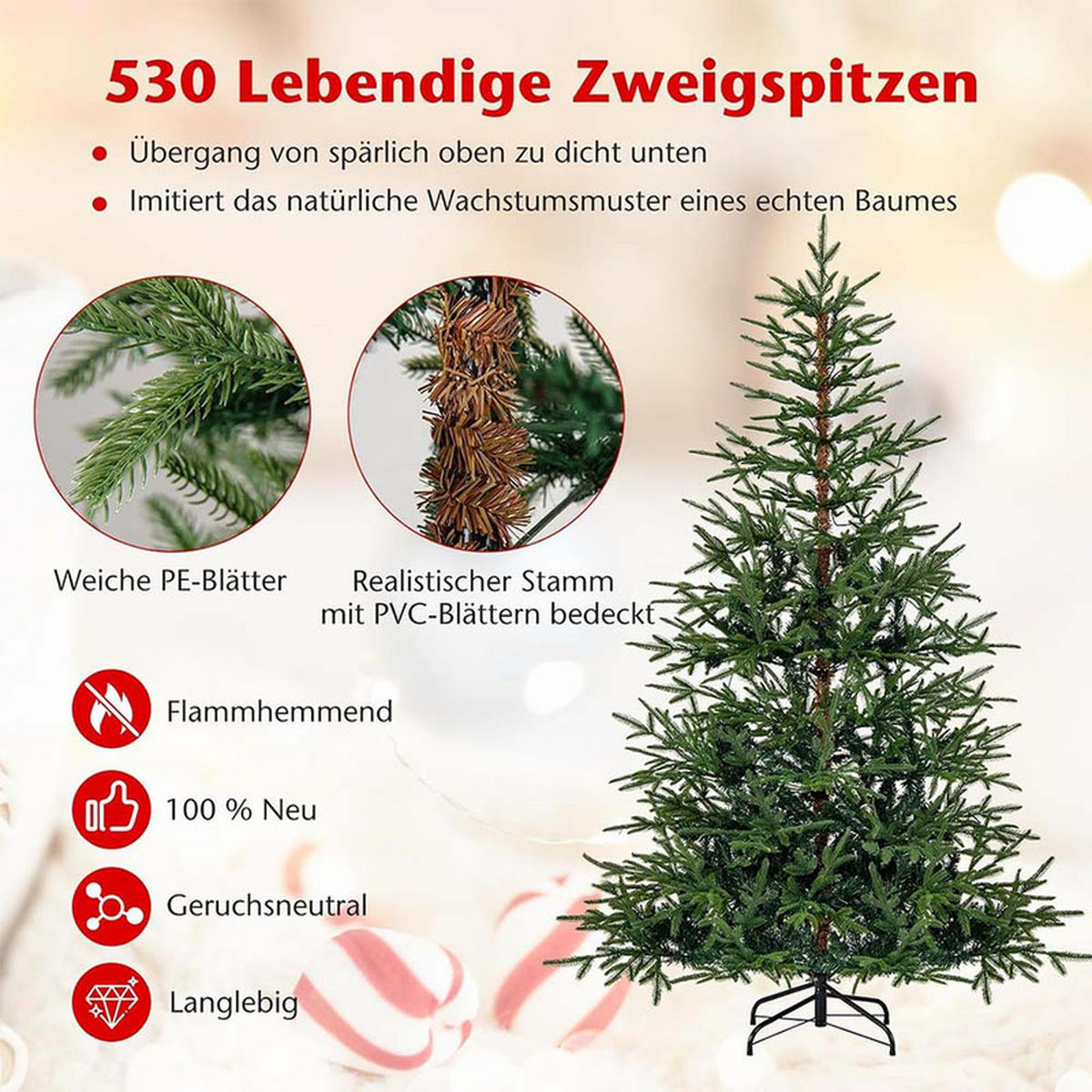 WEIHNACHTSBAUM mit 250 mehrfarbigen LEDs 180cm Grün - Grün, Metall (180cm) - COSTWAY