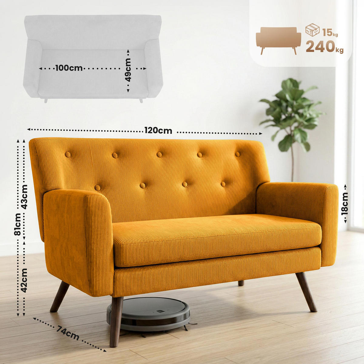 SOFA Arne Cord 2-Sitzer 120x74x81cm Cord Orange Couch - Orange, Kunststoff (120/81/74cm) - DELUKE