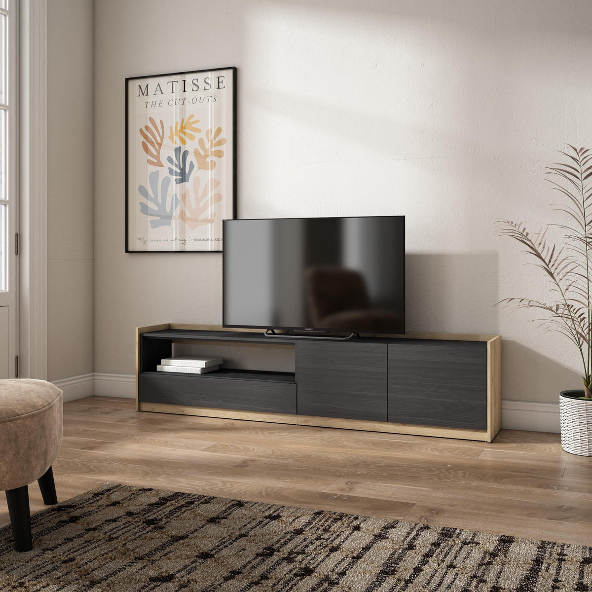TV-SCHRANK, Lowboard, Schwarz Eiche, 207/37/50cm - Schwarz, Holzwerkstoff (207/50/37cm) - Skraut Home