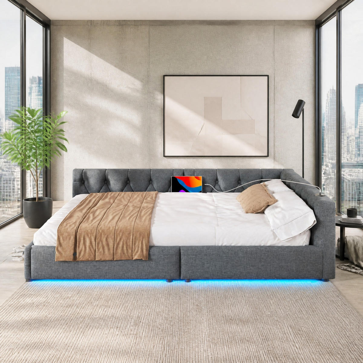 POLSTERBETT 140/200 mit 7-farbiger LED, USB/Type-C, Lattenrost und Knopftuft-Kopfteil in Grau - Grau, Holzwerkstoff/Textil (140/200cm) - EVRYAE