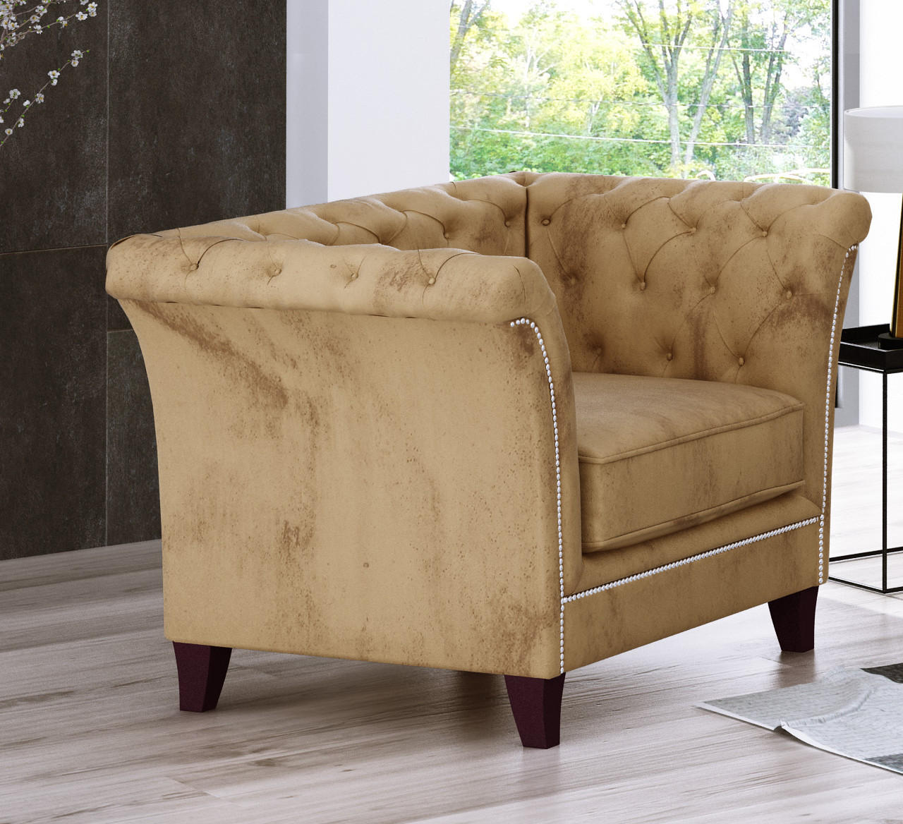 CHESTERFIELD-SESSEL Fusion Beige Samt - Beige/Braun, Holz/Textil (116/75/82cm) - S-Style Möbel