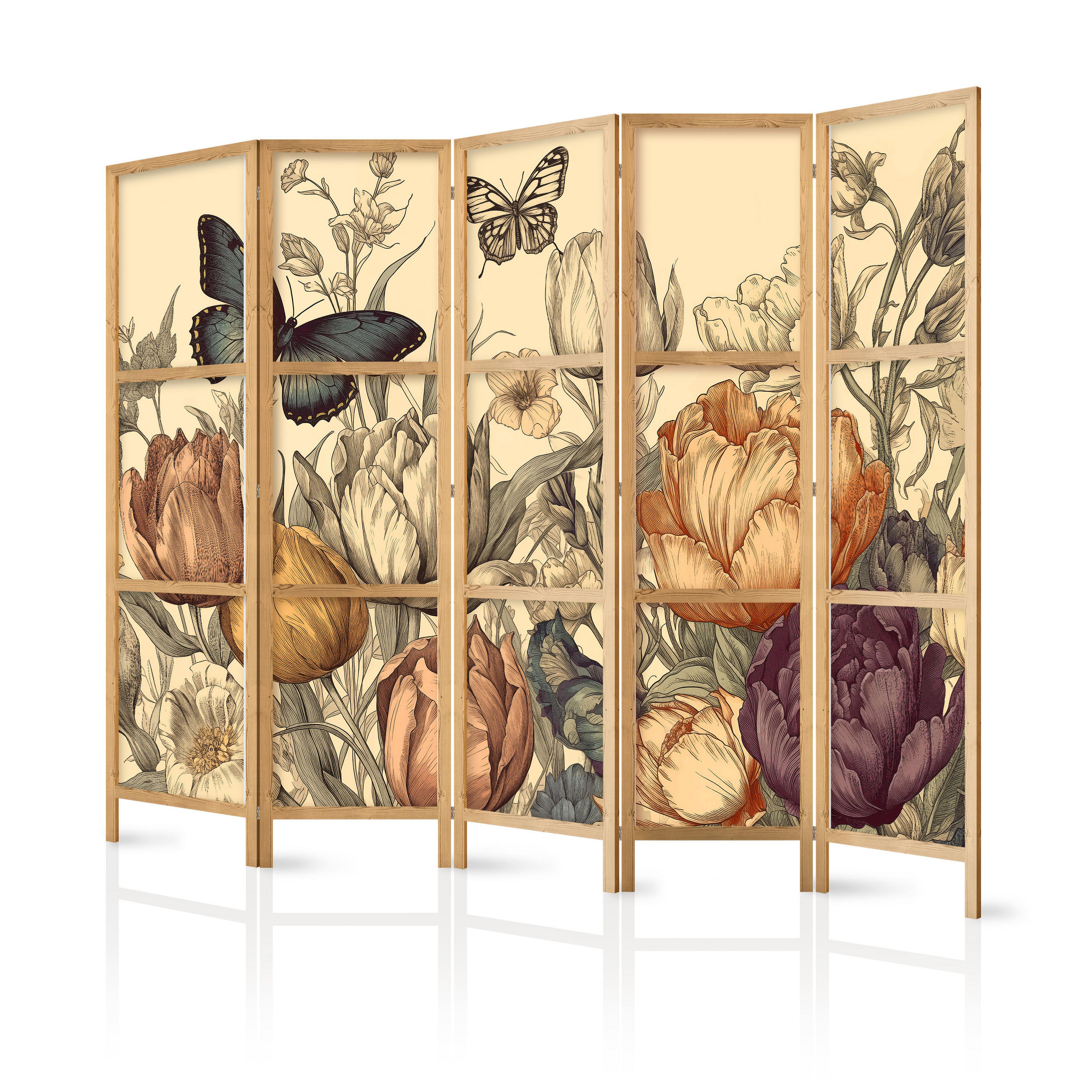PARAVENT Japanischer 5-tlg 225x172 cm Bunte Blumen - Multicolor, Holz/Textil (225/172/3cm) - Muralo