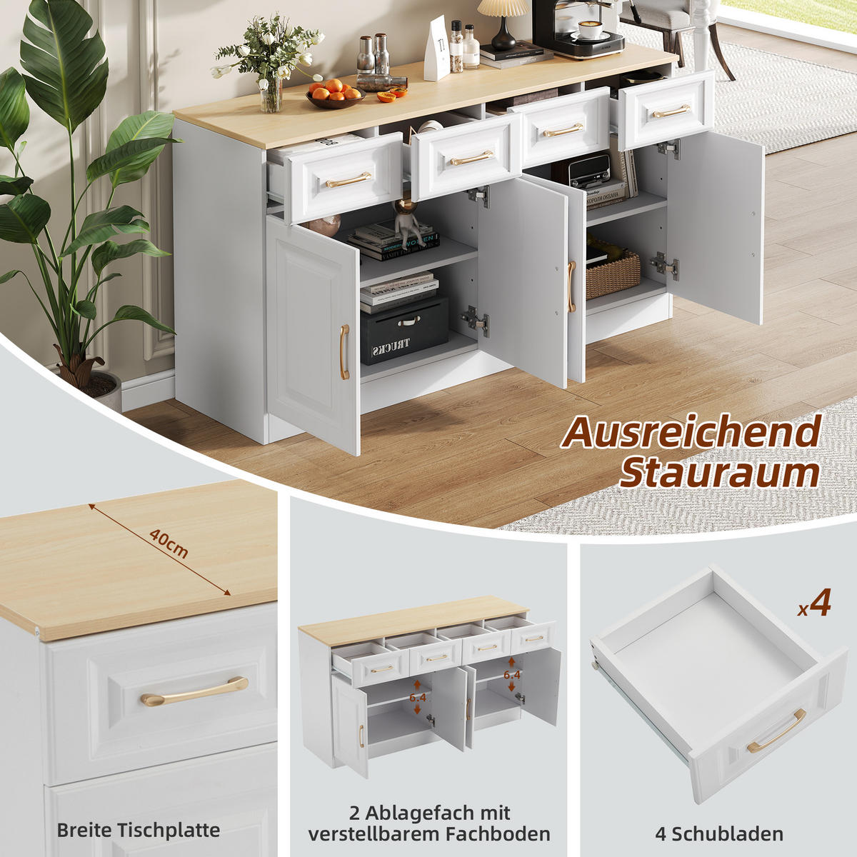 SIDEBOARD 140/40/75 cm mit 4 Türen & 4 Schubladen in Weiß/Eiche - Weiß, Holzwerkstoff (140/75/40cm) - BEAOK