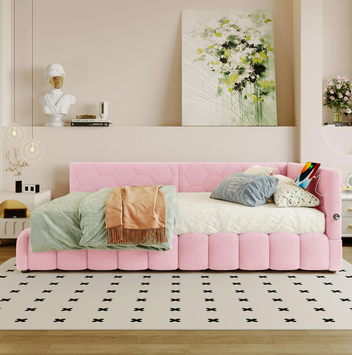 POLSTERBETT 90/200 cm Rosa mit Stauraum mit LED-Beleuchtung mit USB- und Type-C-Anschlüssen - Rosa, Textil (90/200cm) - OKWISH