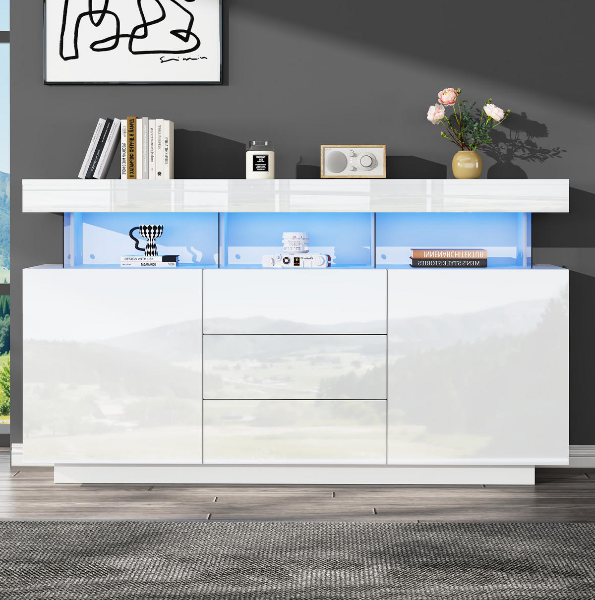 SIDEBOARD 140/35/80 cm in Weiß Hochglanz mit 3 Schubladen & LED-Beleuchtung - Weiß, Holzwerkstoff (140/80/35cm) - BEAOK