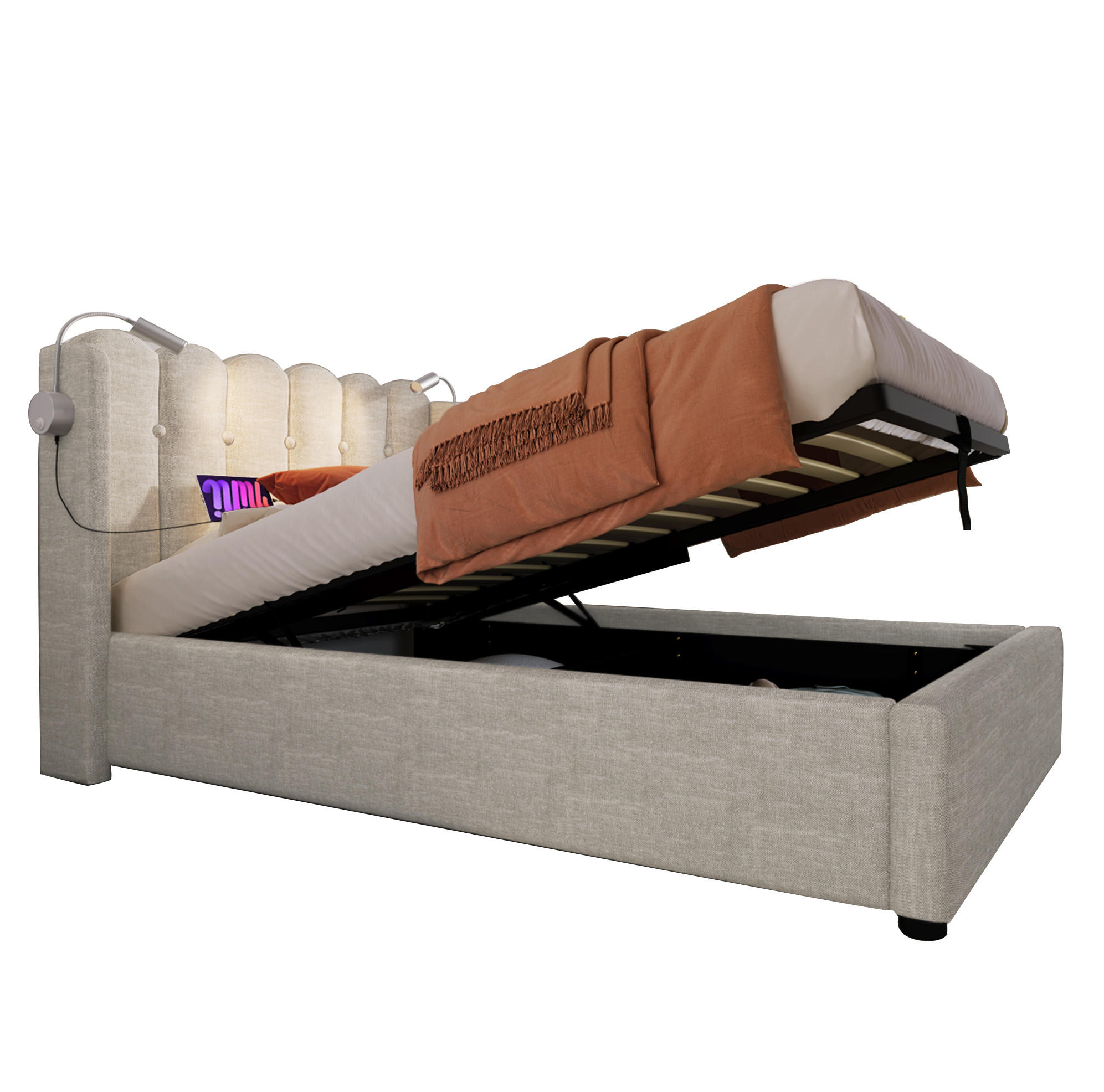 POLSTERBETT 90/200 cm mit Bettkasten, Leselicht & USB in Beige - Beige, Textil (90/200cm) - BEAOK