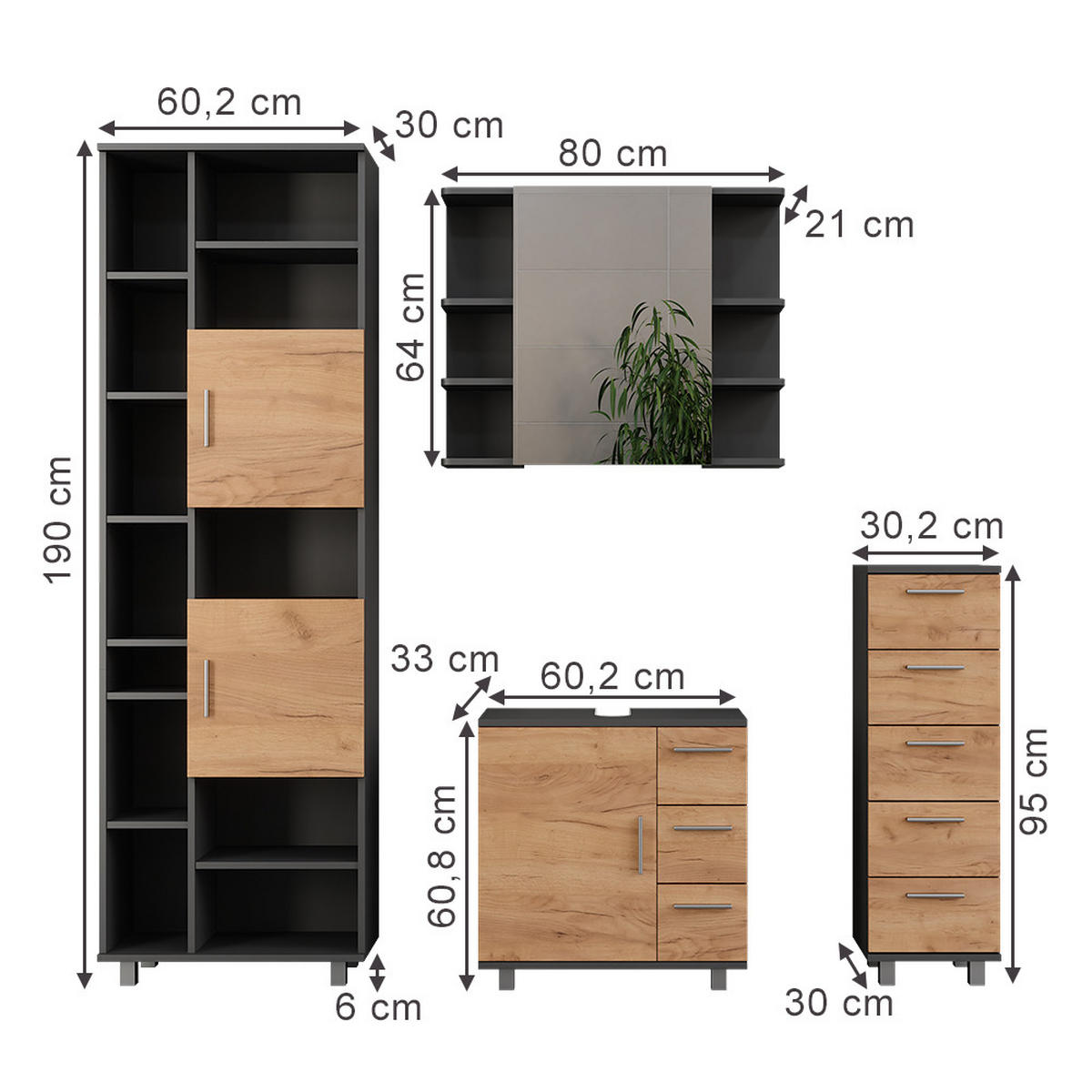 BADMÖBEL-SET Ilias Anthrazit/Goldkraft Eiche 4 Teile, mit Hochschrank und Midischrank - Honigeiche/Anthrazit, Holzwerkstoff (60.2/60.8/33cm) - Vicco